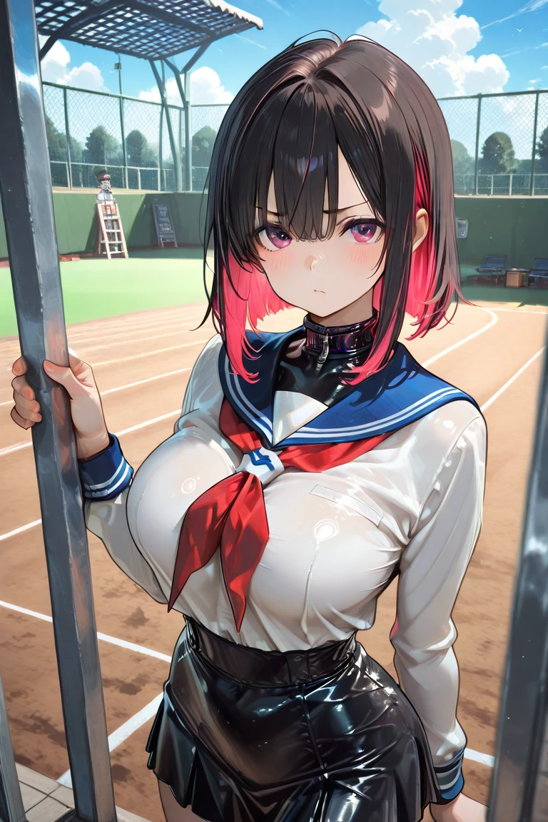 tennis girl's massive nipples out of topless bow tie out bare and wet pants spreading her legs, wearing oven mittens behind head, blindfold