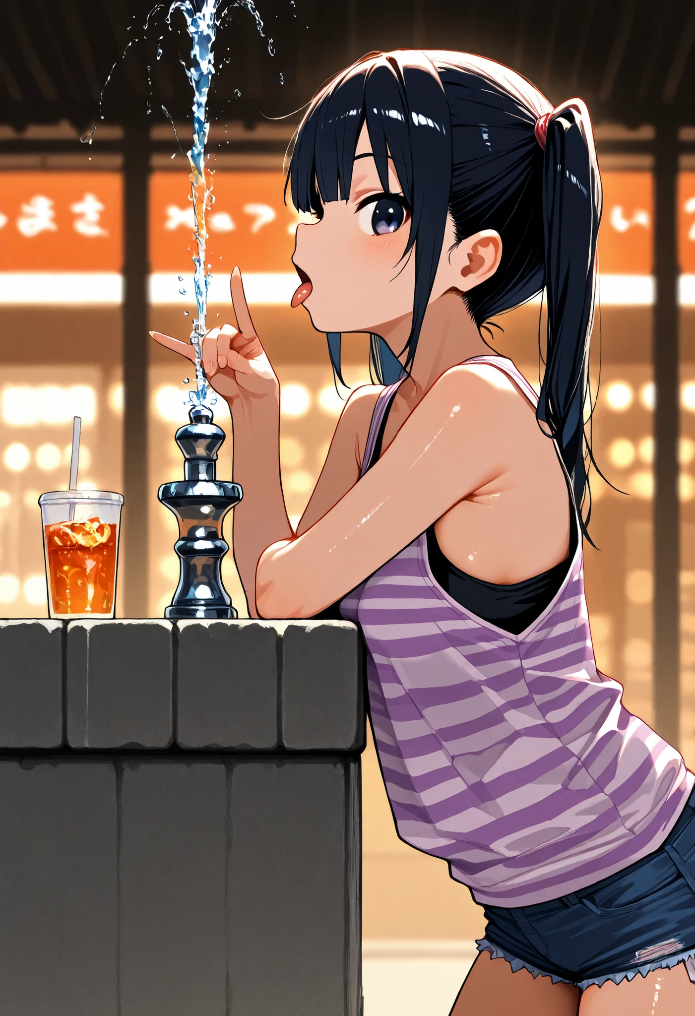 d_Giroo ,1 girl,change,tank top,hotpants,twin tails,black_hair,flin_chest,pink_ striped _太ももまin丈の靴下, drink _FOUNTAIN,adjusted_hair,from_side,Profile,A quick glance_in_viewer,tongue_outside,leaning on_go ahead