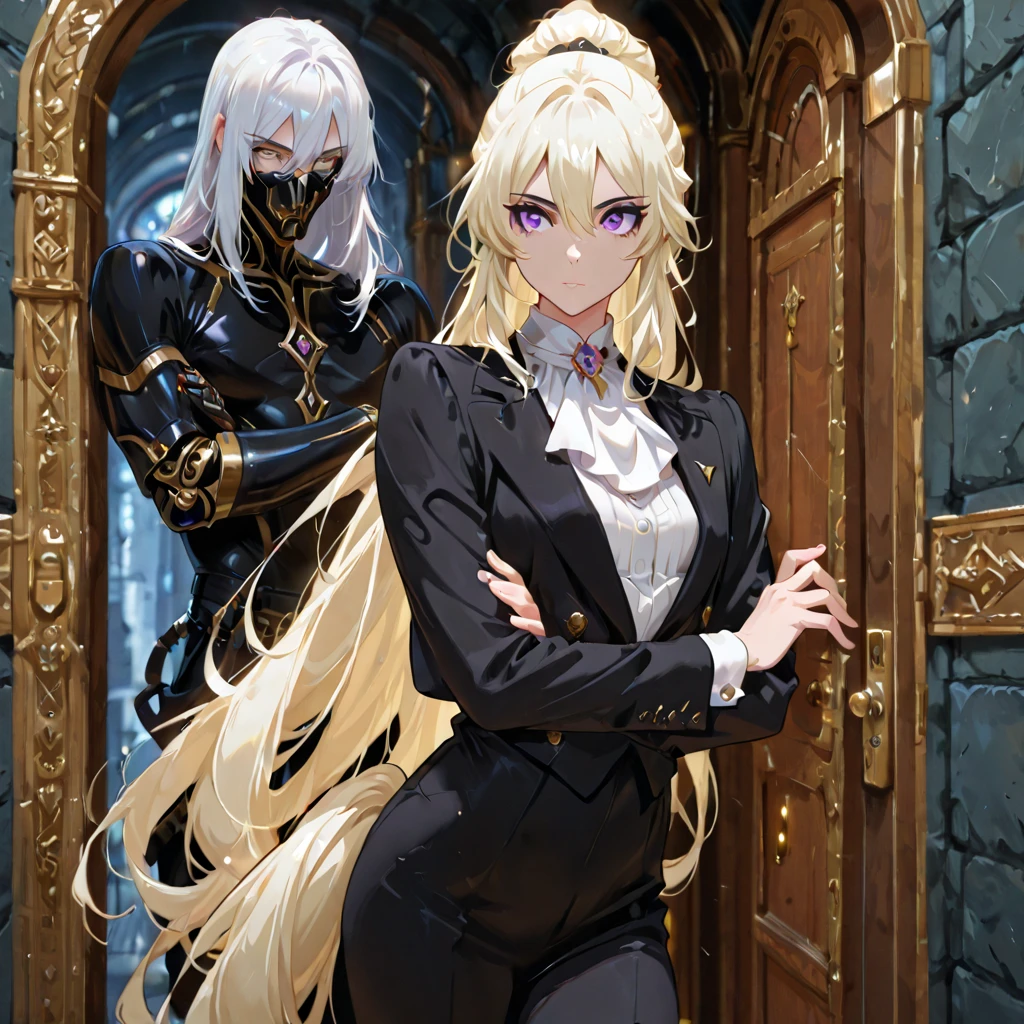masterpiece, best quality,1girl,solo, robot girl, humanoid robot,robot joints, orange eyes,bright pupils,long hair, (colored skin),huge breasts,crown,tiara, jewelry, armored dress,gold trim, sleeveless,sideless outfit ,castle in background, outdoors,garden,sitting,tea set,hand on table,holding tea cup, stained glass, light smile, ,clockwork,
