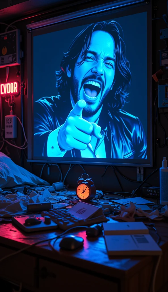 A hyperrealistic scene of a messy bedroom at night, neon-lit from a small alarm clock projecting a blue hologram of Keanu Reeves shouting. His hand is pointing at the viewer, mouth open mid-command. Environment features cyberpunk elements: wires, neon signs, metallic surfaces, 4K-level reflections.