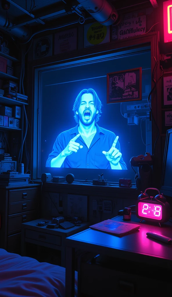 A hyperrealistic scene of a messy bedroom at night, neon-lit from a small alarm clock projecting a blue hologram of Keanu Reeves shouting. His hand is pointing at the viewer, mouth open mid-command. Environment features cyberpunk elements: wires, neon signs, metallic surfaces, 4K-level reflections.