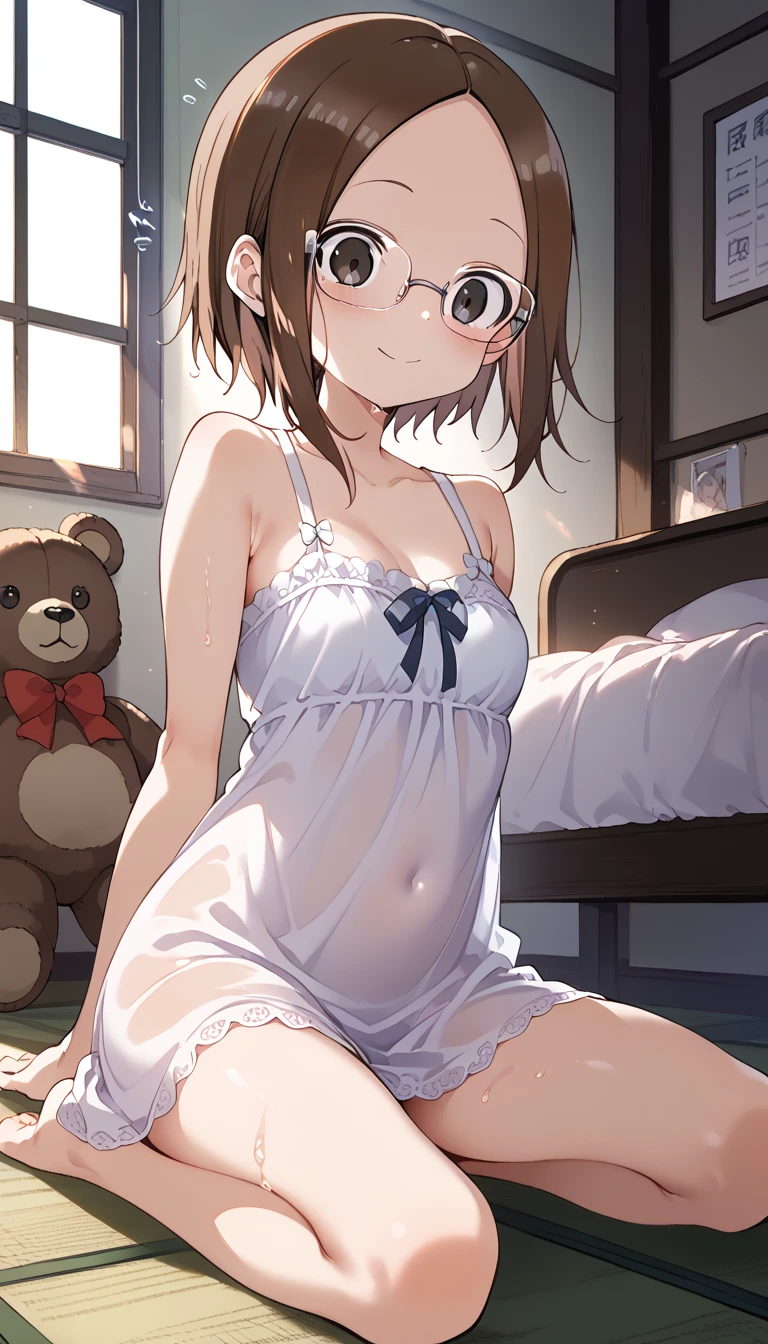 1 girl in、Gentle expression、Short hair. Pale brown hair and brown eyes.unwear、in one's underwear only、White bra、White panties. (Put your hands on your chest). High image quality. Photo Quality. High Definition. of the highest quality.、Quiet face、Balance Diagram、a 14 year old girl、Reddened cheeks、a bed、Bedroom、lying back on、Open your crotch、Focus on the lower back、Show off thin breasts、I draw the whole body