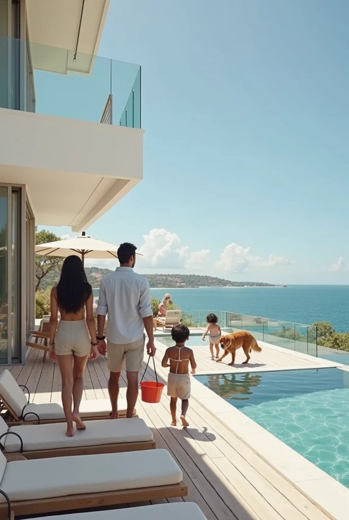 Family at a private beach in the Bahamas: A wealthy family enjoys their time at a private beach in the Bahamas. The parents are in designer swimwear, and the children build sandcastles with dollar bills. A luxury beachfront villa stands in the background.