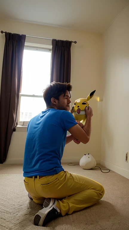 using cellphone, hands forward slightly covering the face , covering the face with hands, of a mysterious long blonde hair handsome asian sexy men topless asian blonde men with yellow Pokémon yellow headband , samurai look, silhouette lying sexy in the very very dark bedroom many pikachu toys at the back
