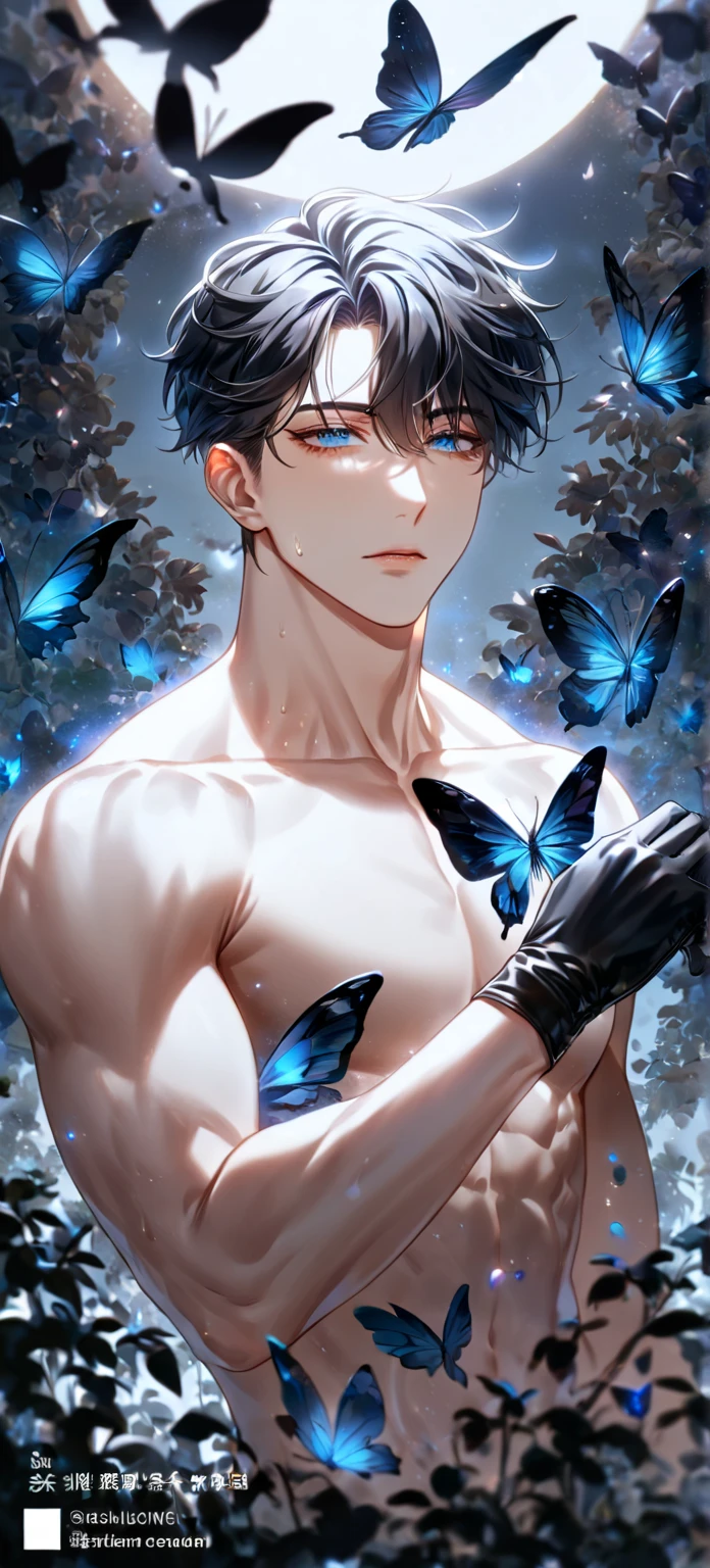 Ultra detailed, HDR, Highres, absurdres, master piece, Chisaki Kai, Overhaul, brown hair, short hair, expressive golden eyes, black shirt, white necktie, Boku No Hero Academia, glittering silver butterflies, petals, blue flowers, handsome, sexy man, toned chest, extremely detailed face and eyes, glittering, blue background, perfect face, best quality, blue rain, blue water, black pants,