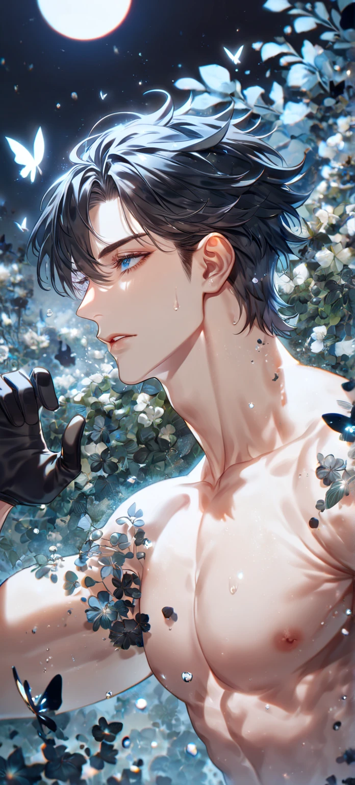 masterpiece, high quality, luci\(obeyme\),male_focus, solo, 1boy, black gloves,red eyes, <lora:ObeyMe_Luci:0.6:1,0,0,0,0,0,0,1,1,1,1,1,1,1,1,0,0>,collarbone,wet, abs,black rose,angle,