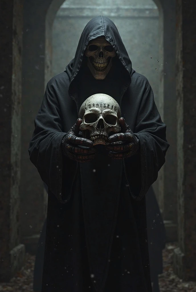 Skeleton holding hands in a cult-like robe, with a chain around his hand. Medium close-up shot, black tone, dark background, aspect ratio 1.:1