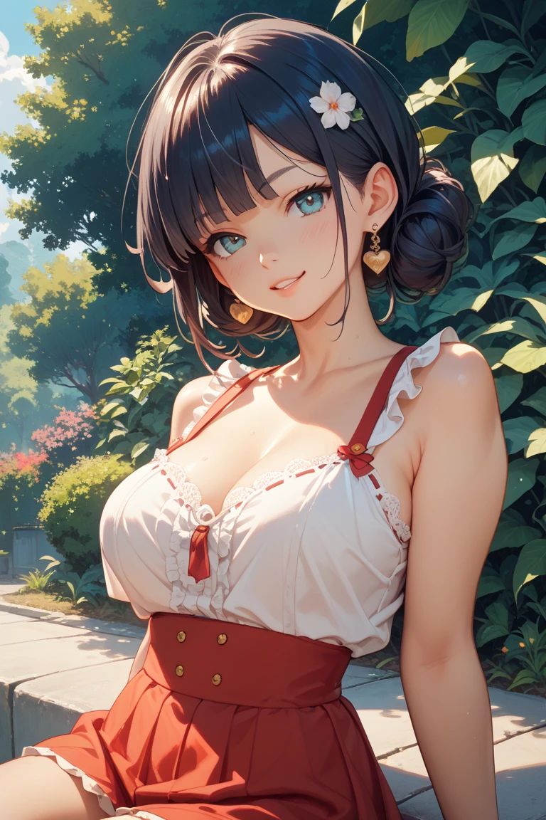 bloom, Lens Reflection, (8k, born, Professional, highest quality, masterpiece: 1.2), (Actual, photoActual: 1.37), Very detailed, (Wide-angle 25mm portrait), (The most delicate skin: 1.2), The facial details are very rich, Light, 1 girl, Black curly hair, (the wind is strong), Standing on the couch, dark Light, looking at the camera, Big Breasts, Black and red shirt
