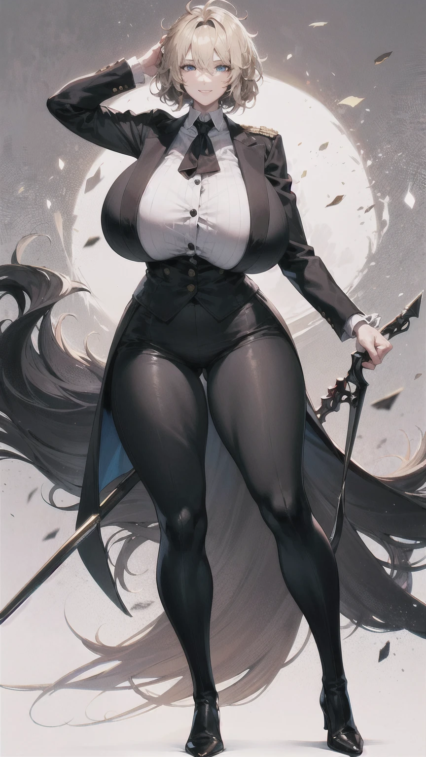 1 women, Solo, Long black hair, Looking down at Viewer with angry look, whole view from Down, Full body, armour, Grim Reaper weapon in her hand, big breasts, black and white manga image
