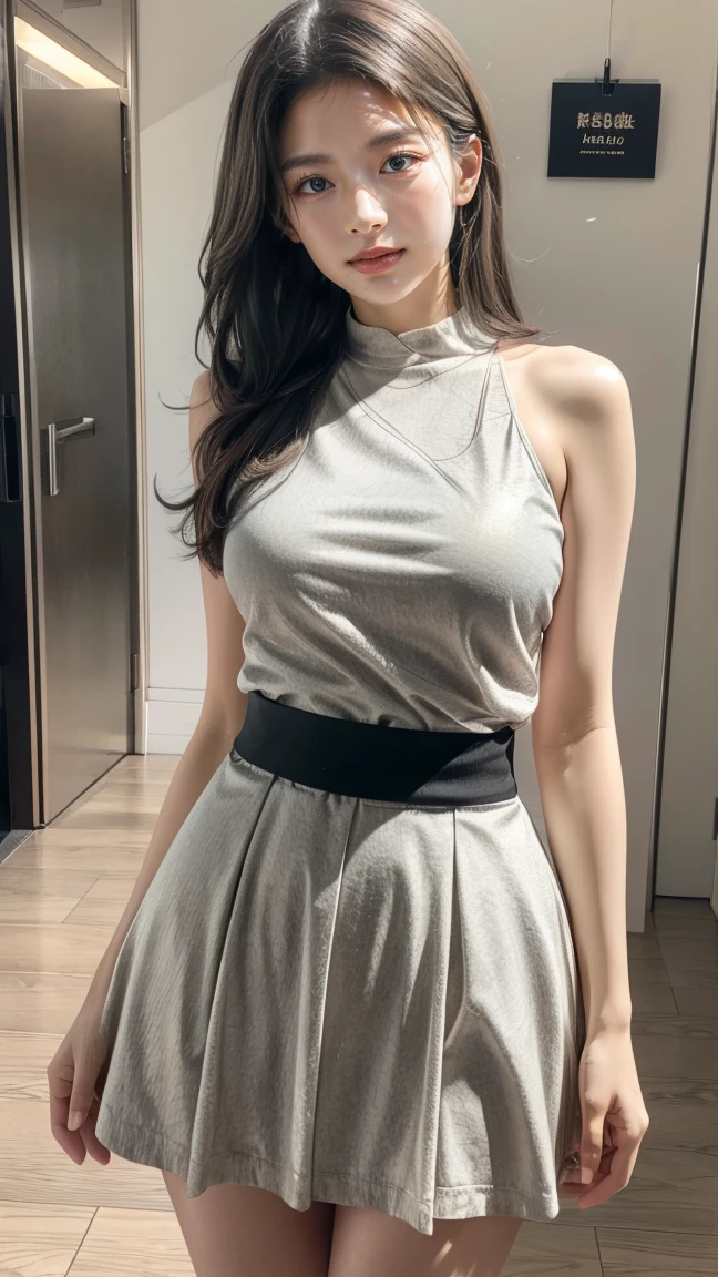 Wheat-toned skin、full body Esbian、1girl in、camisole、a miniskirt、long boots、With bangs、cleavage of the breast、Model Pose、