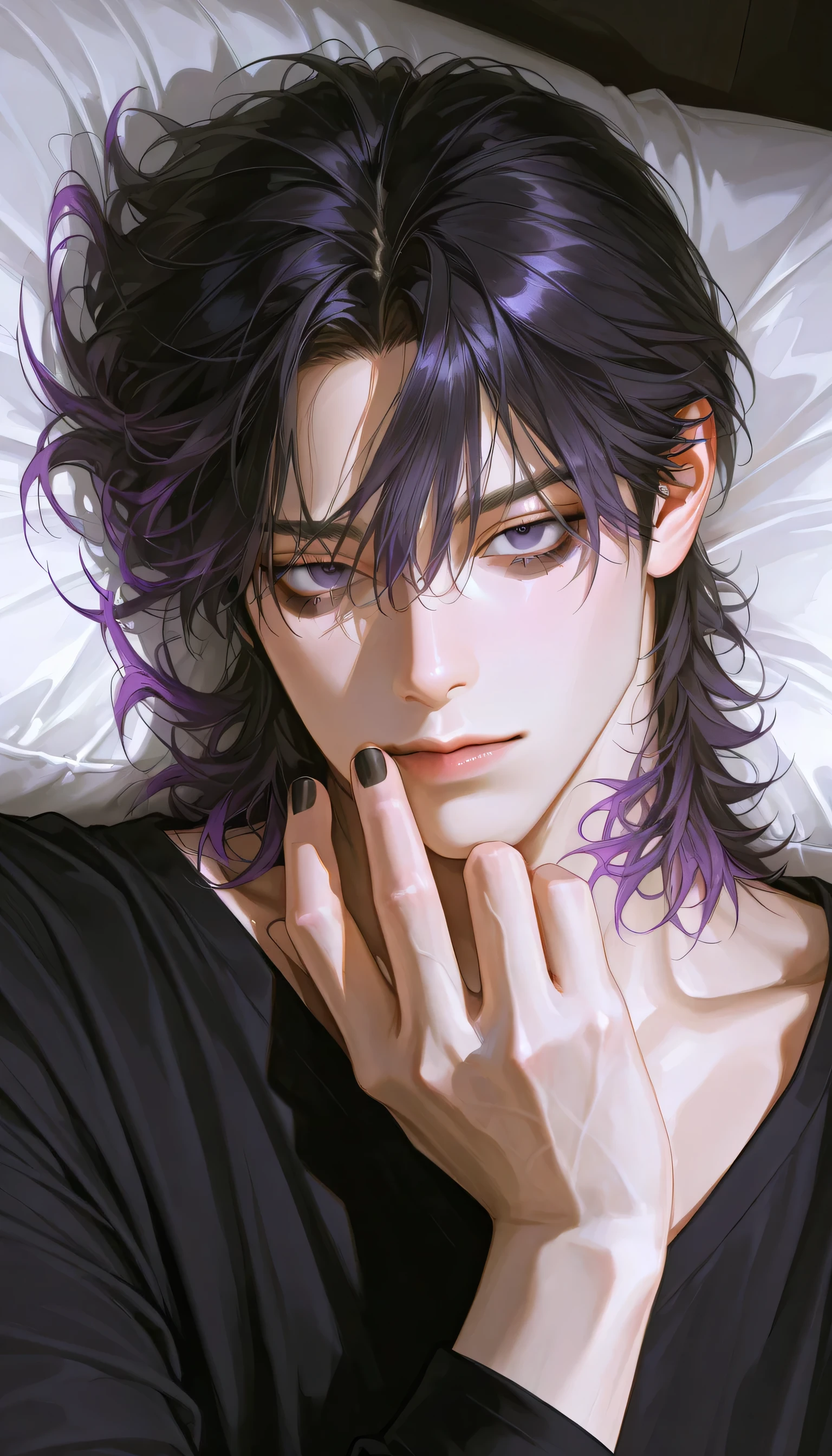 Mature male, handsome, lying, messy black hair, 1 man, dark purple circles under eyes, dark hair, male focus, handsome man, thickly painted, black nail polish, perfect Eyes ,semi-realistic art , semi-realistic art style, expressive brushstrokes, vibrant brushstrokes, impressionistic painting, realistic skin, realistic hair, realistic details, photo-realistic, high details