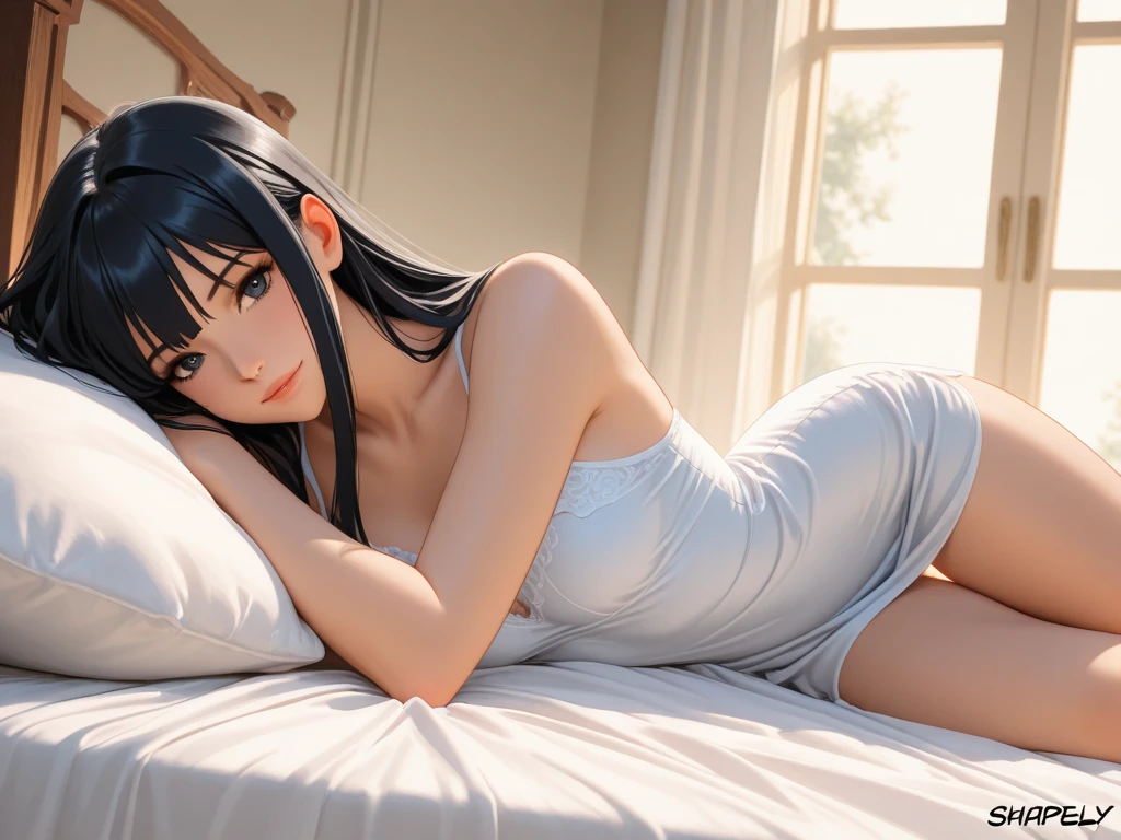 beautiful detailed girl lying on bed, wearing a spaghetti strap nightgown, facing up, slightly raising her leg, extremely detailed beautiful big-breasted 16-year-old girl, super high quality, 4k, 8k, cinematic, full body, lying down, long legs, very large bust, full body capture, ((( lying on bed ))), ((( full body lying on bed ))), big bed, bare shoulders, shoulder-length skirt, lying on bed, head on pillow, lying down, head on pillow, ((( fully reclined on bed ))), full body reclined on bed