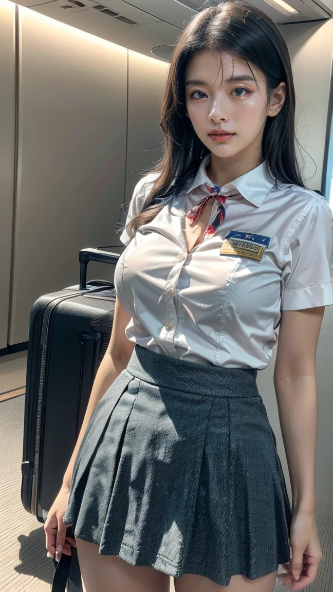 A high school girl with long, beautiful legs and huge breasts is wearing a summer uniform and spreading her legs wide on the seat, seducing the man sitting across from her on the train.