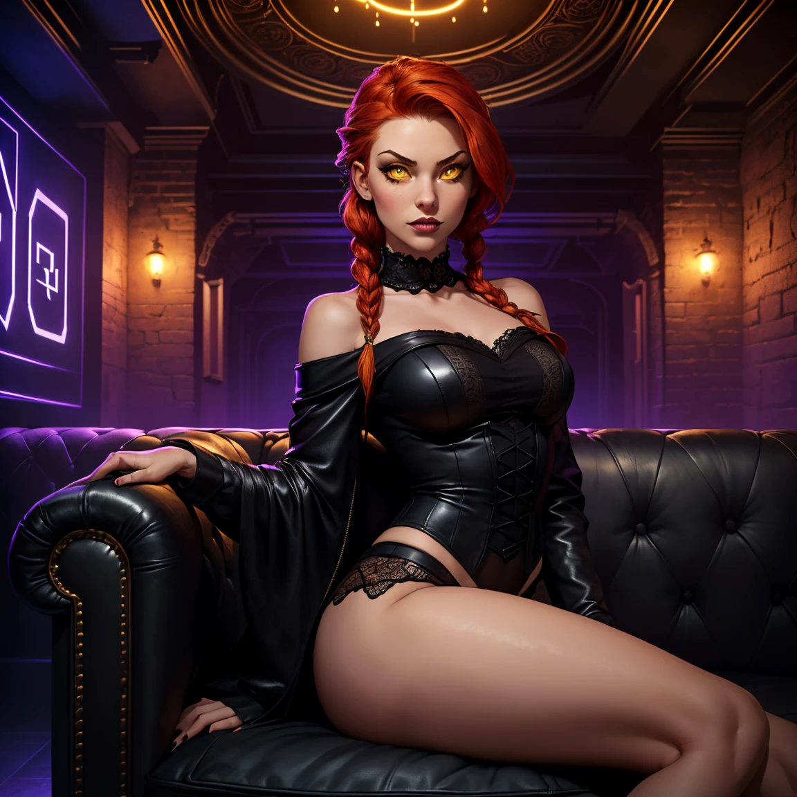 (1girl), piel negra, red hair, double bun hairstyle, Pecho grande, transparent lingerie, cuerpo completo, ((You can see the shape of the nipple through the clothes))、 (realista, fotorrealista), Artgerm