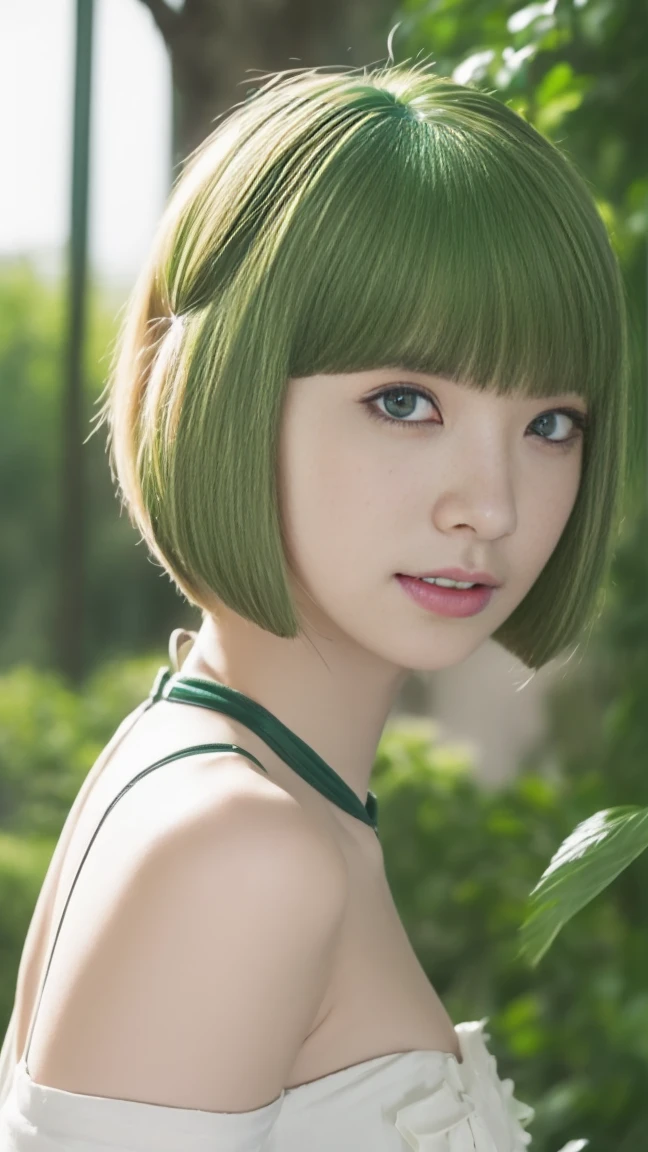 8K resolution, RAW photo-like highest quality, masterpiece-like clarity and detail, Dense tropical rainforest setting, Sense of luxury, Lush greenery, Exotic flowers, Vines, Natural abundance, Mysterious atmosphere, 20-year-old Japanese idol, Full body, Sexy pose, Confidence and charm, Perfect physique, Striking green hair, Green underwear, Harmonious blend with rainforest backdrop, Face artfully concealed, Natural elements like leaves, Shadows or light beams, Intriguing mystery, Photo-realistic style, Emphasizing minute details, Extremely detailed 8K wallpaper creation, Cinematic lighting, Depth enhancement, Sharp focus, Visually stunning, Enigmatic representation. green hair