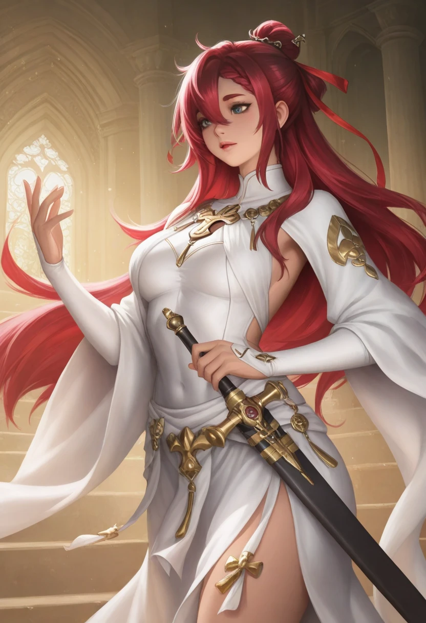(photorealistic:1.4), (masterpiece, sidelighting, finely detailed beautiful eye: 1.2), masterpiece*portrait, realistic, 3d face, glowing eyes, loss skin, solo, proud, (midriff), white dress, red hair , long hair, English card ventilation, triangle earrings, curly hair, bow hairpin, left hand scepter, dress belt, white gold scepter, white stockings, white shoes, (gorgeous background), 8k