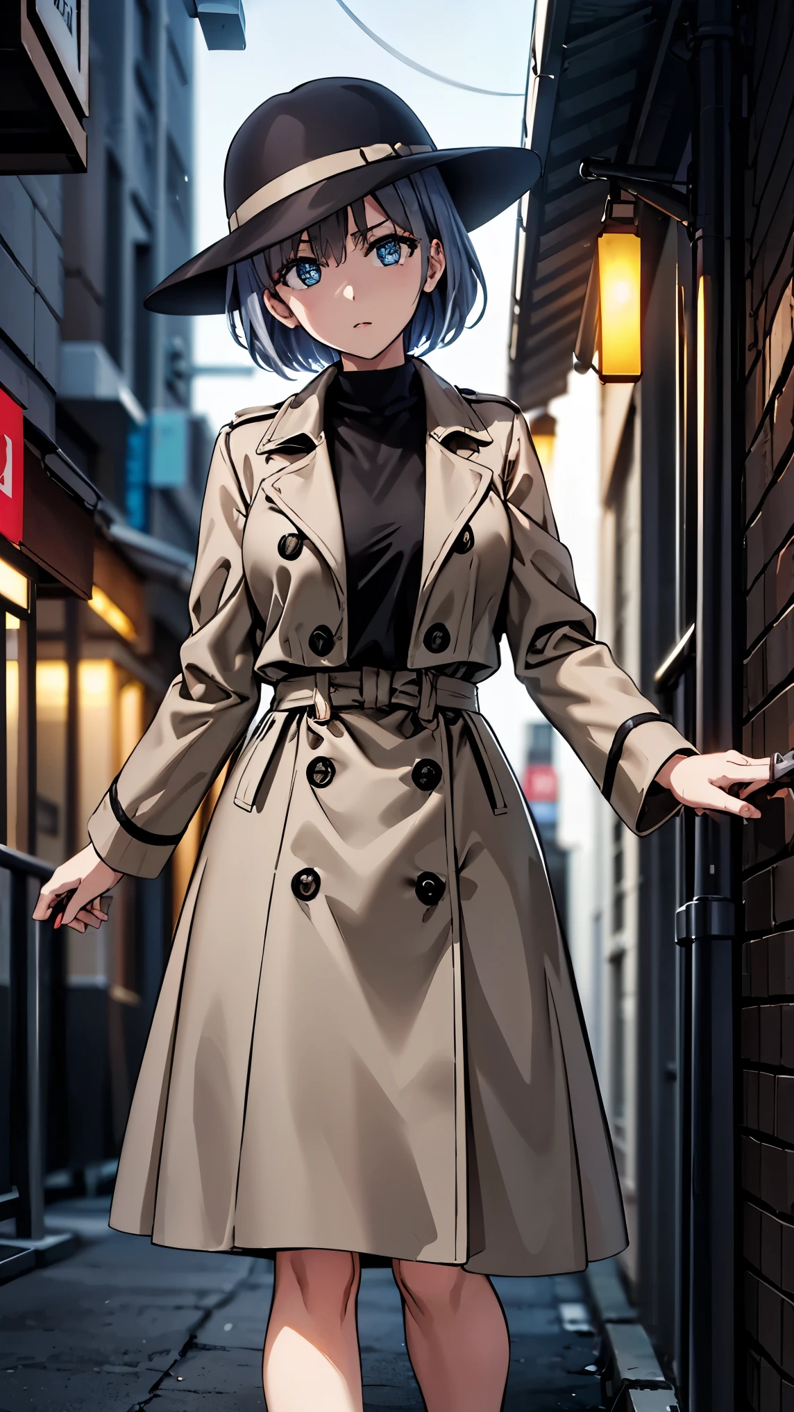 masterpiece, best quality, highly detailed, soft shading, cinematic lighting, beautiful composition, 8k, anime illustration, A woman in detective cosplay inspired by classic hardboiled noir fiction. She has a sleek brown bob haircut and wears a beige trench coat, blending into a shadowy urban alleyway as if tailing someone. She crouches slightly against a brick wall, with a playful but focused expression, pretending to be a private investigator. The scene has moody lighting with strong shadows, reminiscent of film noir style, with vintage tones and a touch of theatrical flair. A fedora hat might be tucked under her arm or nearby for dramatic effect. Urban setting, rain-soaked pavement, soft neon glow in the distance.