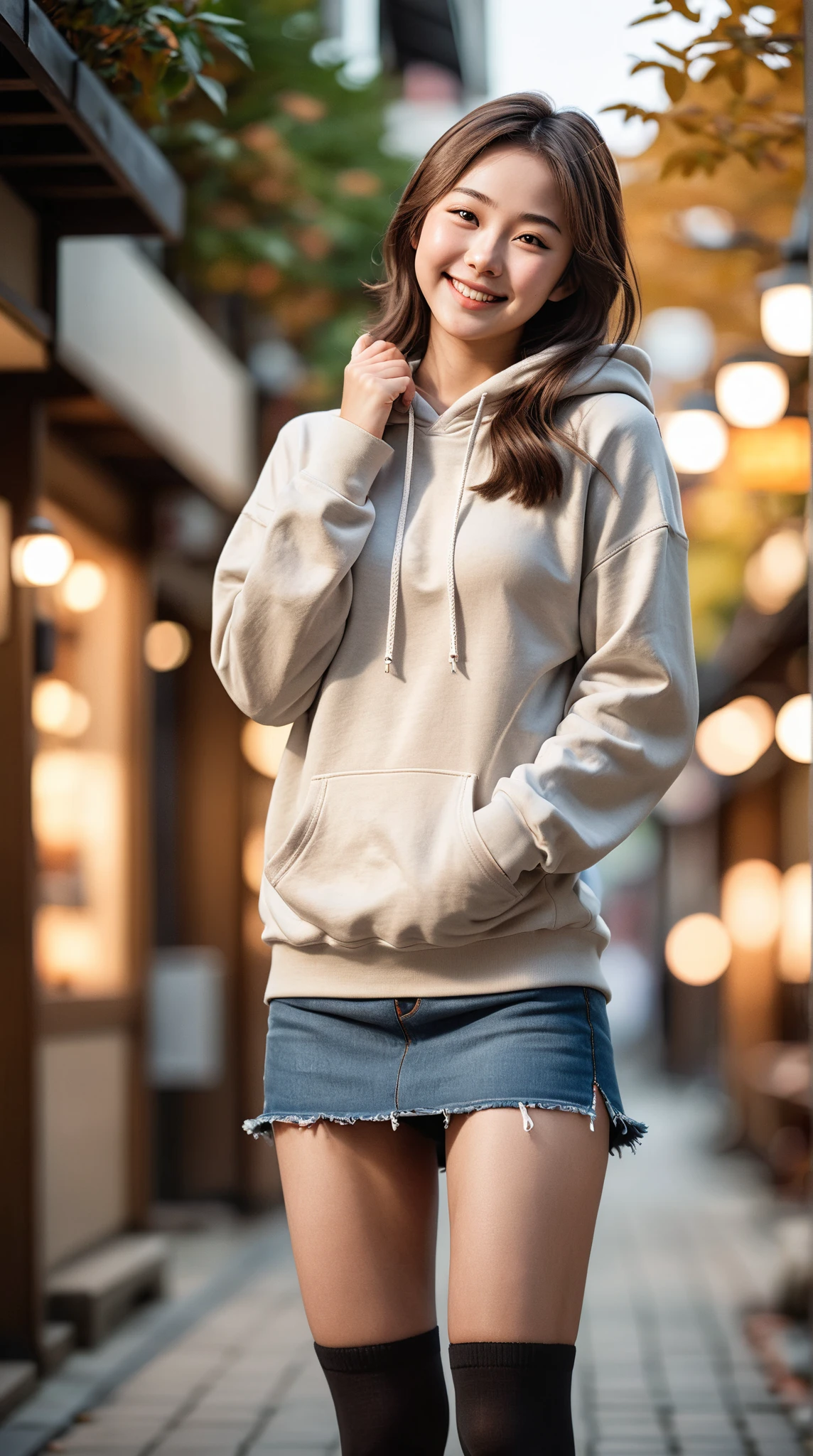 detailed face, cute face,brown eye, master piece , best quality , highly detailed , (matured female) , hand in pocket , hoodie , short denim , smile , japanese

