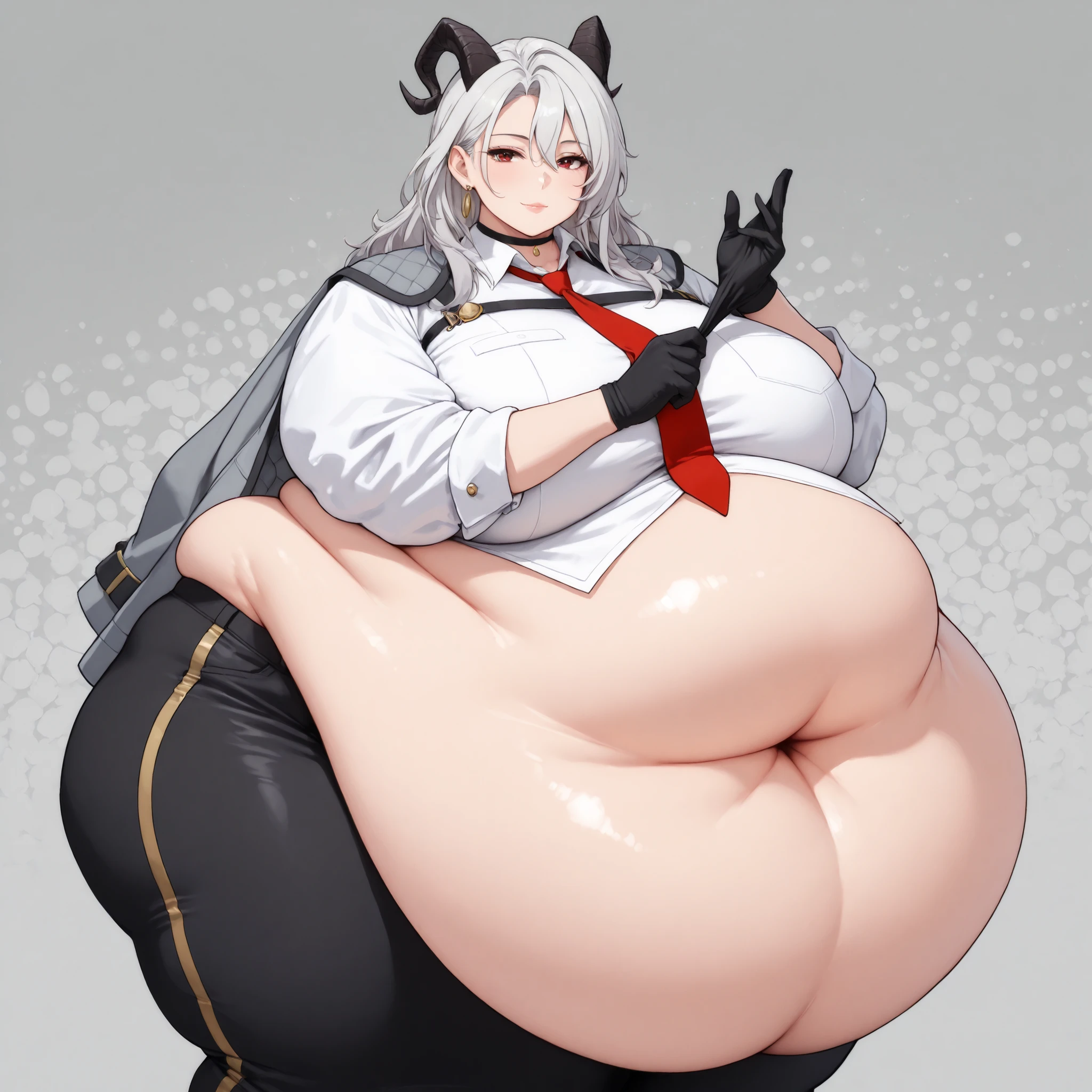 best quality, very aesthetic, intricate details, 1 woman, Mature female, 1girl, solo, mature female, smiling, closed mouth ,1girl, solo, mature female, masterpiece, best quality, solo, 1girl, z4ni, expressionless, looking at viewer, standing, adjusting gloves, long hair, multicolored hair, grey hair, hair between eyes, goat horns, demon horns, red eyes, grey coat, coat on shoulders, white shirt, collared shirt, red necktie, long sleeves, black gloves, black pants, earrings, black choker, large breasts, grey background, abstract background, adult female , mature female, whole body, chubby, chubby girl, curvy, large breasts, lips, plump, thick thighs, thighs, (((oversized gigantic stomach)), curvy, large breasts, lips, plump, thick thighs, thigh, immobile, (((oversized gigantic stomach))