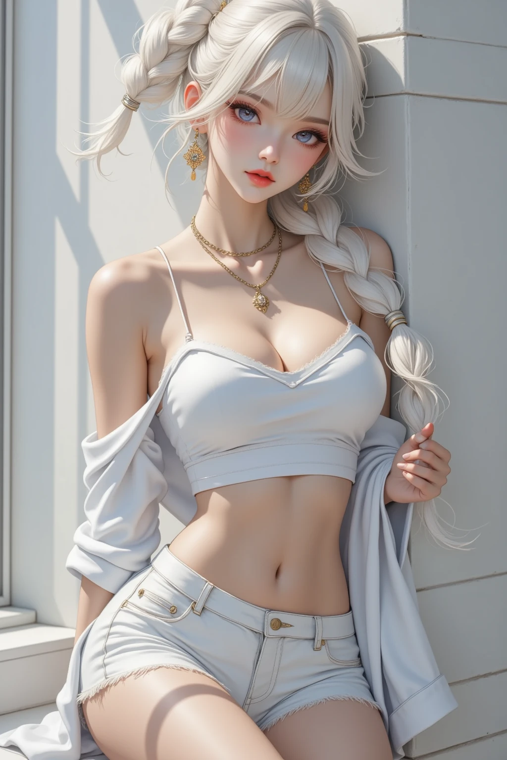 photorealistic, high resolution, 1women, solo, hips up, look at viewer, (detailed face), white hair, long hair, krm, side-tie bikini bottom