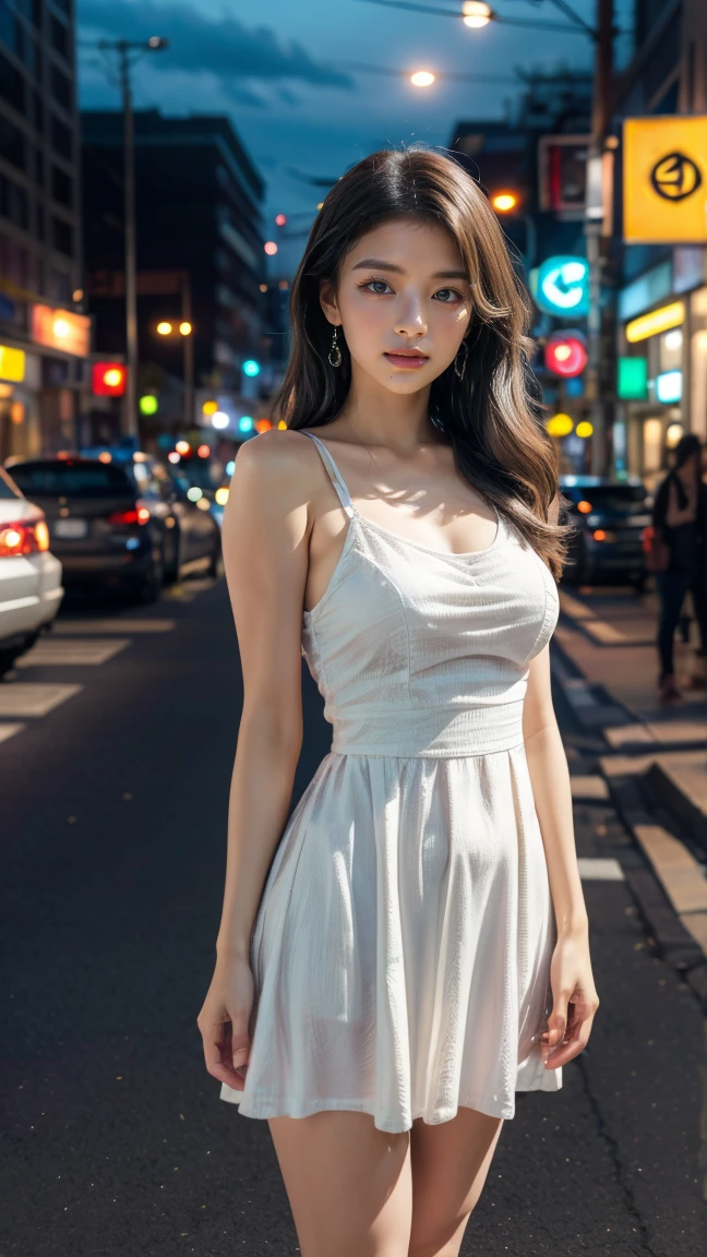 a beautiful indian young girl, 18 years girl, detailed face with beautiful eyes and lips, long hair, Glow face, realistic skin, realistic smile, cutest smile, realistic body, glow skin, bright skin, glow, street fashion style, above knee length dress, youth dress, detailed youth dress, photorealistic, masterpiece, 8k, ultra detailed, highly detailed, realistic, cinematic lighting, vibrant colors, warm tones, masterpiece,highres,ultra-detailed,8k, (best quality,8k,highres,masterpiece:1.2),ultra-detailed,(realistic,photorealistic,photo-realistic:1.37),warm lighting, vibrant colors, soft focus, elegant, cinematic, highly detailed, professional digital art, UHD, Ultra HD, ultra realistic, hyper realistic, ultra sharp, vivid, realistic atmosphere, street view in background, stylish look, stylish angles, beautiful background scenery, detailed background, hyper-detailed, cinematic photography, award winning Photography, Very High Resolution picture quality,