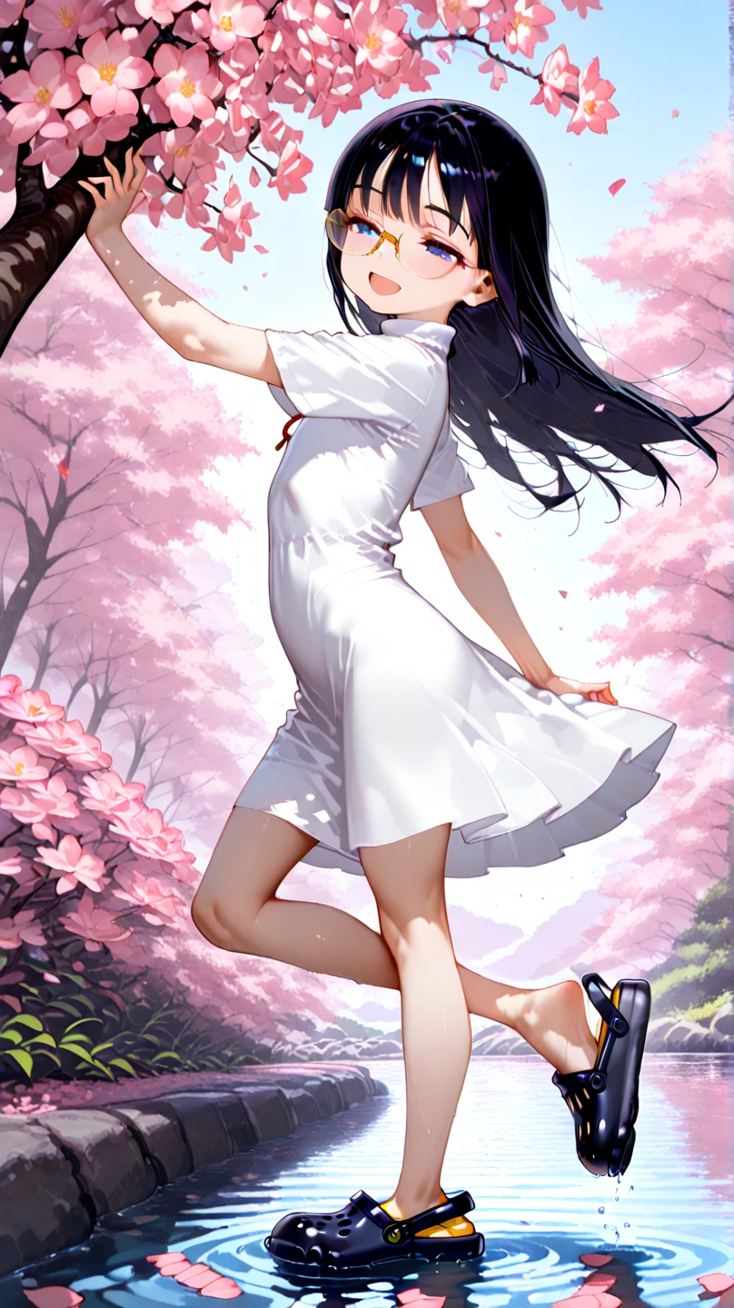 UHD, Super Detailed, High Quality, Best Quality, Masterpiece, detailed background, High Resolution, Anatomically Correct, 1girl, petite,skinny. A 14-years-old junior high school girl, smile, pony, long black hair, she wear a white turtleneck sun dress, short sleeves, and crocs shoe. she standing on one leg at garden of sakura flowers within the cherry blossom trees, pink flower petals blown by the wind, the sides is filled by flower petals, looking away, happy, half-closed eyes, open mouth smile, she carefreely walk on shallow water of a river , from side, the shot was taken from a distance where it also captures the scenery dramaticly, Wide Shot, head level, dramatic pose, scenery focus, wallpaper. A boy, shota, glasses, blue short sleeve jacker, white tshirt, 3/4 long blue pants, sneakers