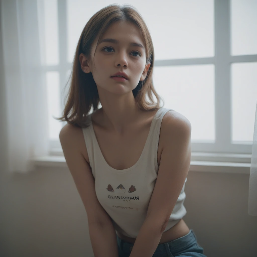 Make Mirka, Russian cute girl, white skin, 20 years old, Thin nose, Small mouth, Light blue eye, Beautiful face, seductive look, in the same position, in the same scenario, wearing identical clothes, Brownish red hair, embacad background