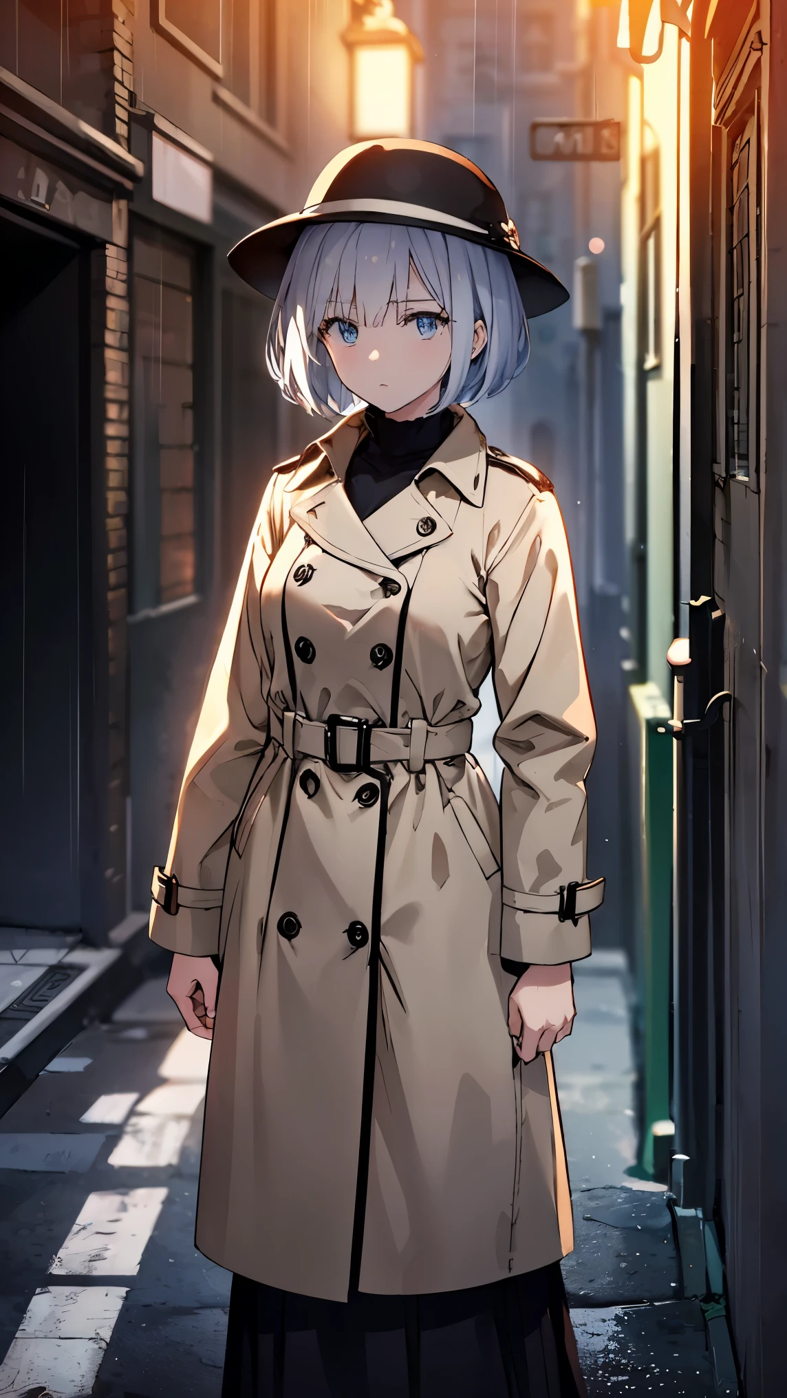 masterpiece, best quality, highly detailed, soft shading, cinematic lighting, beautiful composition, 8k, anime illustration, A woman in detective cosplay inspired by classic hardboiled noir fiction. She has a sleek brown bob haircut and wears a beige trench coat, blending into a shadowy urban alleyway as if tailing someone. She crouches slightly against a brick wall, with a playful but focused expression, pretending to be a private investigator. The scene has moody lighting with strong shadows, reminiscent of film noir style, with vintage tones and a touch of theatrical flair. A fedora hat might be tucked under her arm or nearby for dramatic effect. Urban setting, rain-soaked pavement, soft neon glow in the distance.