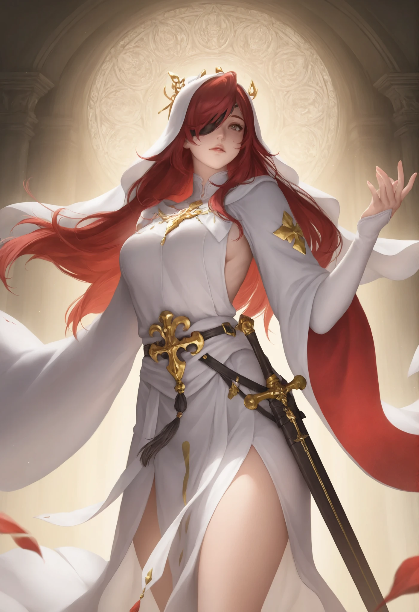 1girl,eunuch_blood_alchemist, ceremonial_sword_dripping_mercury, hollow_chest_filled_with_palace_blueprints ,masterpiece, best quality, newest, highres, absurdres,