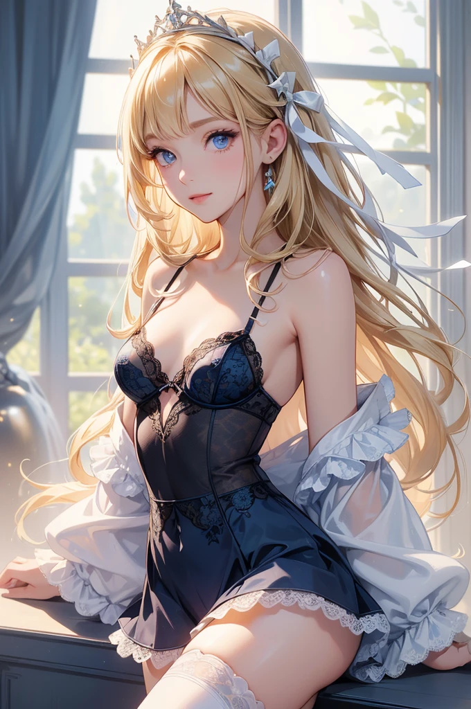 (a beautiful blonde on her knees, sad look, detailed eyes, detailed lips, bangs with bow, long blonde hair, aqua eyes, white dress, bare shoulders, black thigh-highs, lifting the dress, best quality, ultra-detailed, realistic:1.37, masterpiece:1.3, very high resolution, sharp focus, vivid colors, studio lighting)