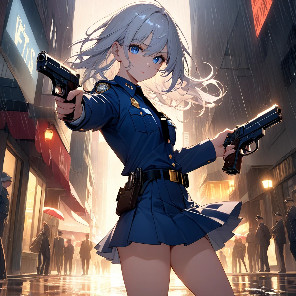 ((masterpiece, highest quality, 8K, High resolution:1.3)), 1 girl, Cat ear, white skin, medium breasts, pointed chest, aqua eye, female police officer, police station, squad car, panty shot, running, anger, Take a gun, 