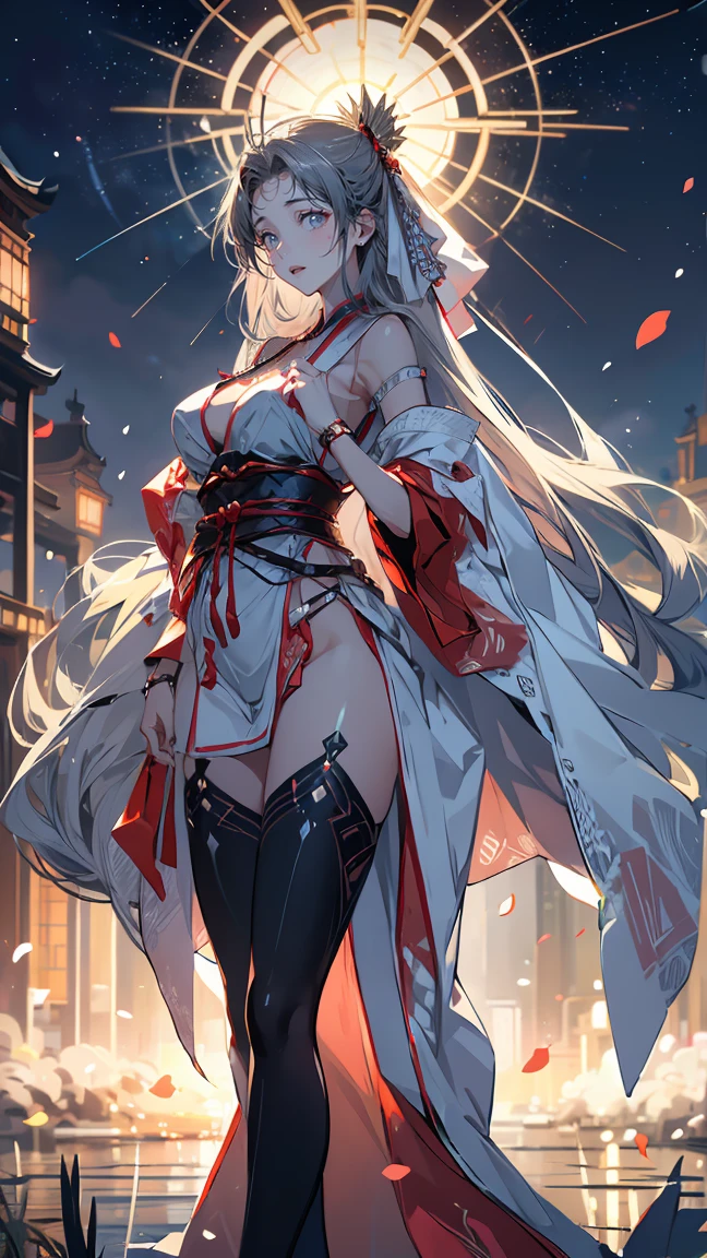 (masterpiece:1.5, Highest quality, Very detailed、 Dutch Angle、Semi-Realistic、Fantasy)(One girl, alone)(White and beautiful hair:1.4,,Straight Long Hair)(Wearing Han clothes, Royalty、White and red Hanfu:1.6,Thick fabric,Long sleeve)、((Off the shoulder、Medium Chest、ruby necklace))(From behind:1.4,The buttocks are slightly visible、Legs wrapped in tights)(Cherry tree、dead tree、Mystical Night、Particles of light float around the woman、Space for fantasy)