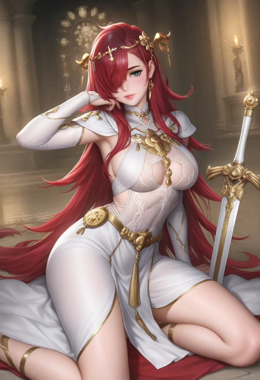 a beautiful long red-haired girl wearing an elaborate egyptian queen's costume, ((Long bangs eyes visible behind the bangs)) sexy white egyptian dress with colored striped fabric hem, beautiful slim thighs, full body view, LONG hair, blue eyes, in the style of an egyptian, white background, photorealistic, 8k, high quality, detailed, vivid colors, dramatic lighting, Wearing high gold shoes, cute face is obvious, (blank white background with no other objects) Slim body, Standing straight pose, both free hand poses (smile) The Egyptian queen's dress is perfect (a perfect long soft white shawl) with gold bracelets, (long red hair perfectly straight)