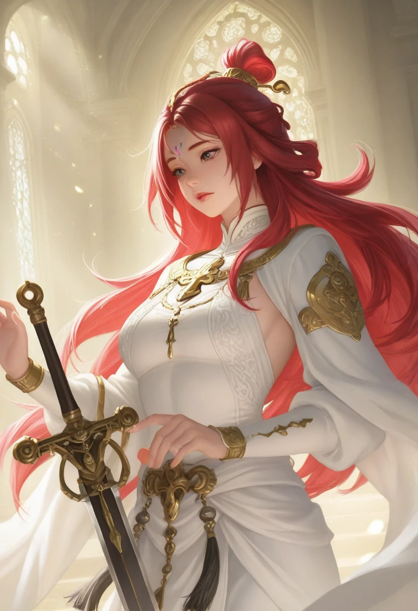 ((best quality)), ((Masterpiece)), (details:1.4), 3d, HDR (high dynamic range), mature woman, เหมือนจริง, Long hair, red hair, White eyes, จมูกโด่ง, PBR surface, After processing, Anisotropic filtration,depth of field, Maximum clarity and clarity, multi-layered surface, perfect proportions, 8K raw files，holy paladin, Heavy Black armor, With a sword, hall castle, โกรธ, นั่งยกเข่า