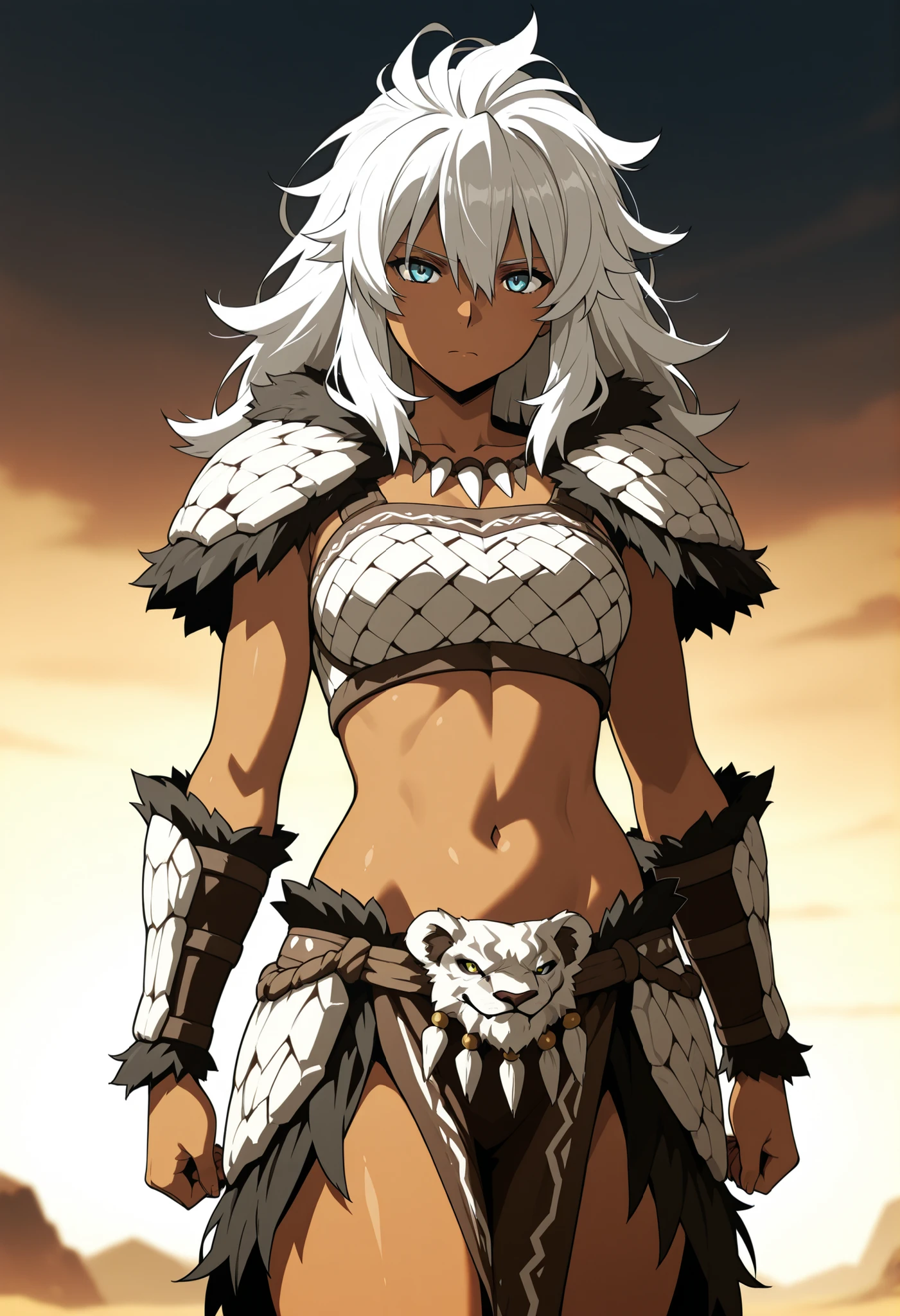 1 sheep woman, sheep's snout, shaman outfit, white hair, dark-skinned female, anime art, holding an axe with both hands, muscular female, pointed nails, messy hair, white eyes, perfect eyes, original, (masterpiece), (illustration), (extremely fine and beautiful), perfect detailed, photorealistic, (beautiful and clear background:1.25), (depth of field:0.7)