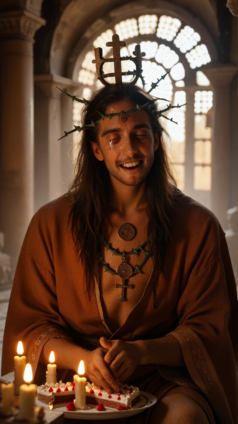 Jesus looking down up close to camera wearing crown of thorns and bleeding