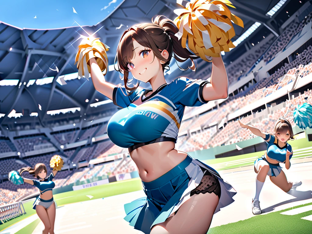 a group of large breasted cheerleaders are bending over revealing their white panties to the crowd