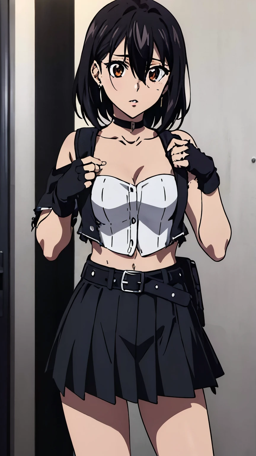 (highest quality, 8k, High resolution, masterpiece:1.2), Anime art style, Hyper Detail, himeragi yukina, Brown eye, Black Hair, Hair between the eyes, Medium Hair, 1 girl, Perfect Face, eye_Light_big,Small medium breast, Soft impression, alone, (street rock fashion, (black clothes:1.3), ripped skirt, fingerless gloves, belt, natural lips, earrings, heavy makeup, street corner),