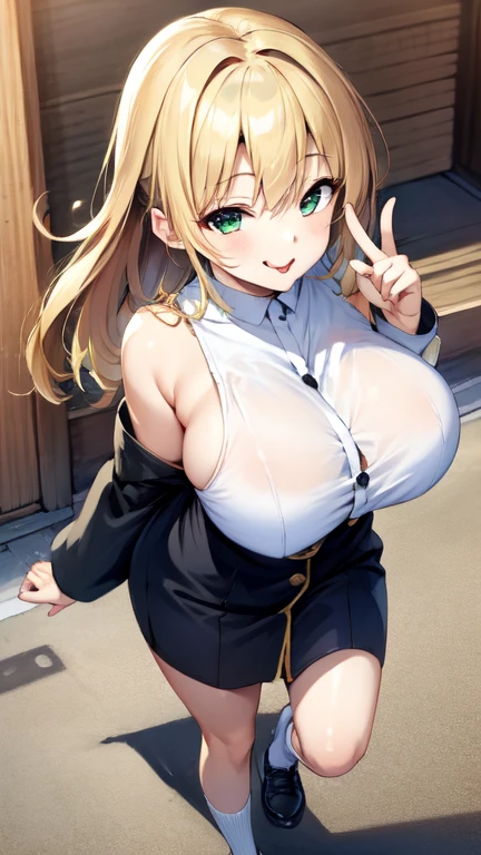 (8k, RAW photo, best quality, masterpiece:1.2), (cityscape),1girl,(sky striker ace raye),,professional lighting, photon mapping, radiosity , ((thick)), enormous huge breasts,(blue eyes),(minimal clothes), (oppai),((Korean doll)),((huge breasts:1.6)),(cleavage),(smile), Blond hair, black headdress.Dark brown tie,