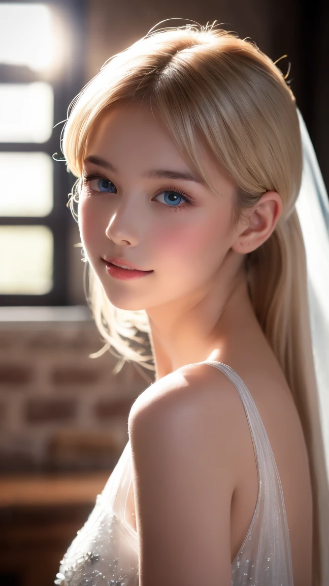 pretty girl, (ash blonde hair), ((very bun hair)), perfect face, innocent smile, Upper body,(Cerulean Eyes), (yan), (), (thin), ((flat chest)), ((16 only)), skin dents, extreme details, attractive oval face, red lips, pink, Glossy skin, fine hair, face focus, close up of chest, luxurious hair ornament, gold earrings, ((1 girl)), embarrassed look,