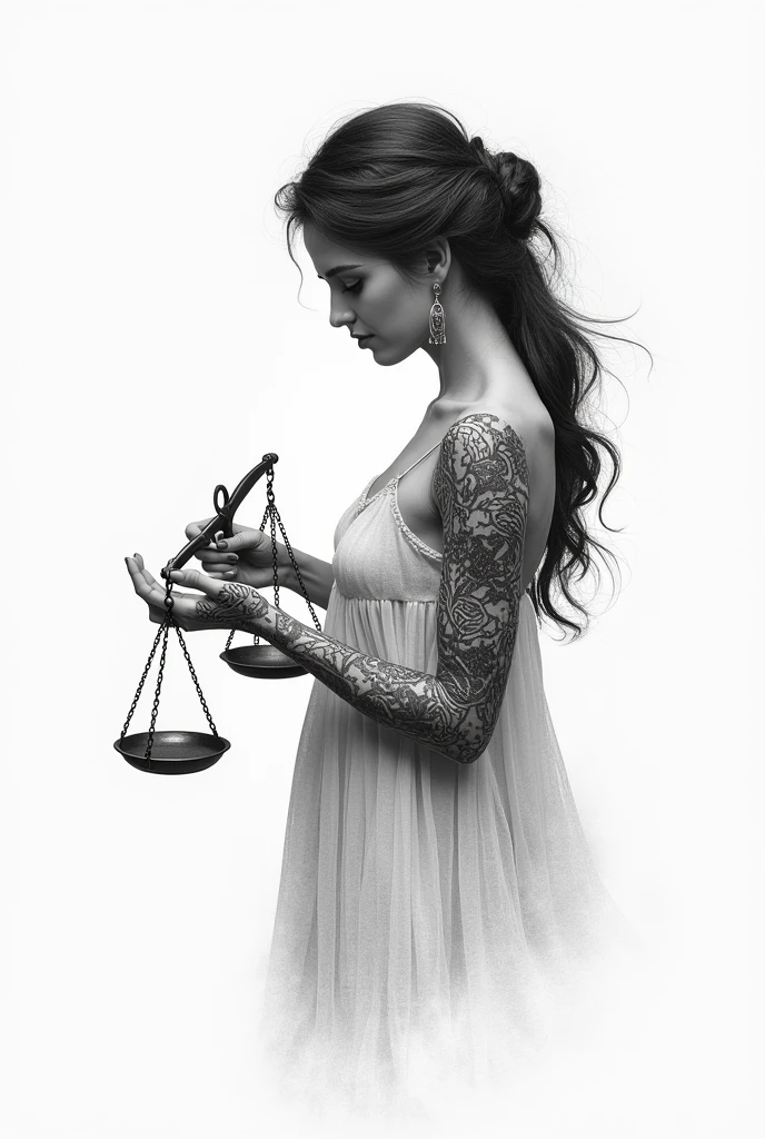 Create a black and white image of a 45 year old Indonesian woman with a slim figure, naked without clothes, Her breasts are round and medium sized, her nipples are small., his body is full of Japanese tattoos, his right hand lifts a scale that is one-sided, She was wearing a thin transparent cloth covering her underwear but her smooth thighs and calves were visible..