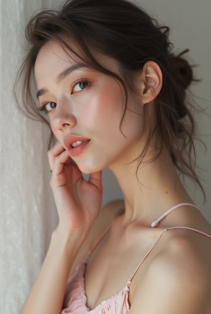 raw photo of beautiful female, looking at camera, centered portrait upper body, ginger beauty, slim perfect face, natural look, playmate, wavy hair, wet hair tied in a bun, supermodel, moist skin, freckled skin, blushing cheek, very very small bust, closing eyes, feeling ecstasy, nude skin, in photo studio
