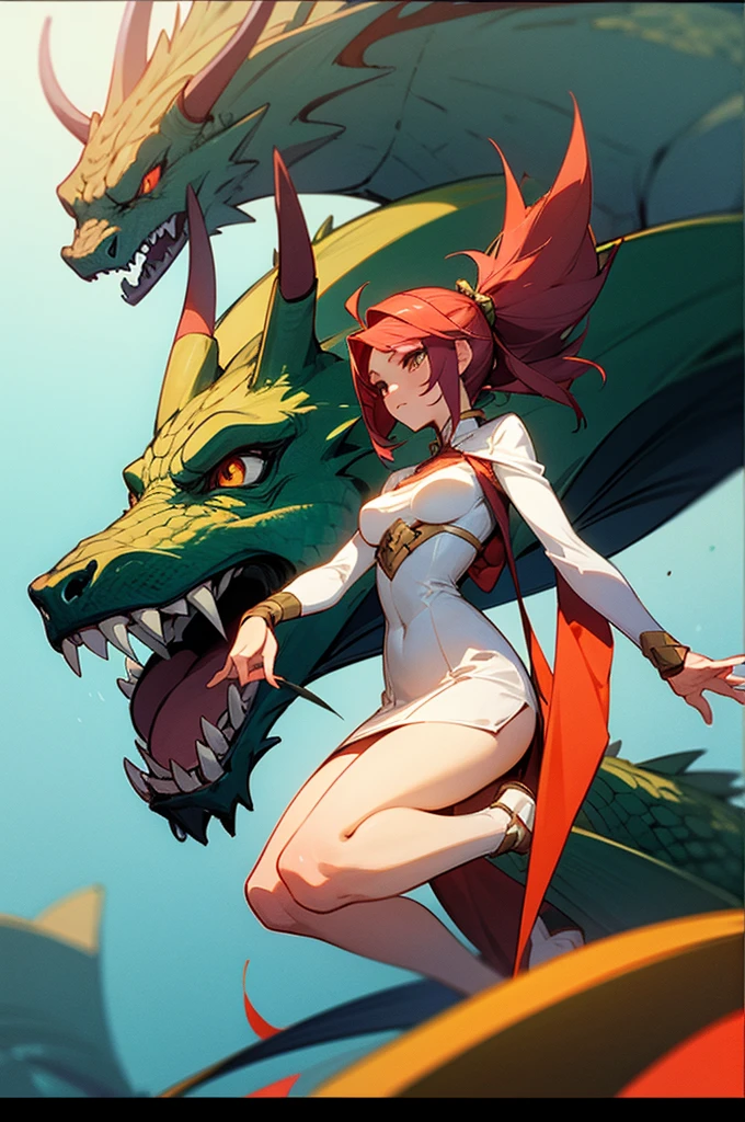 ((masterpiece), best quality, high quality, professional quality, highly detailed, highres, perfect lighting, natural lighting), green dragon, (1girl, wearing armor, sitting on dragon, dragon rider, holding weapon), flying, flames, magic, clouds, sun in background