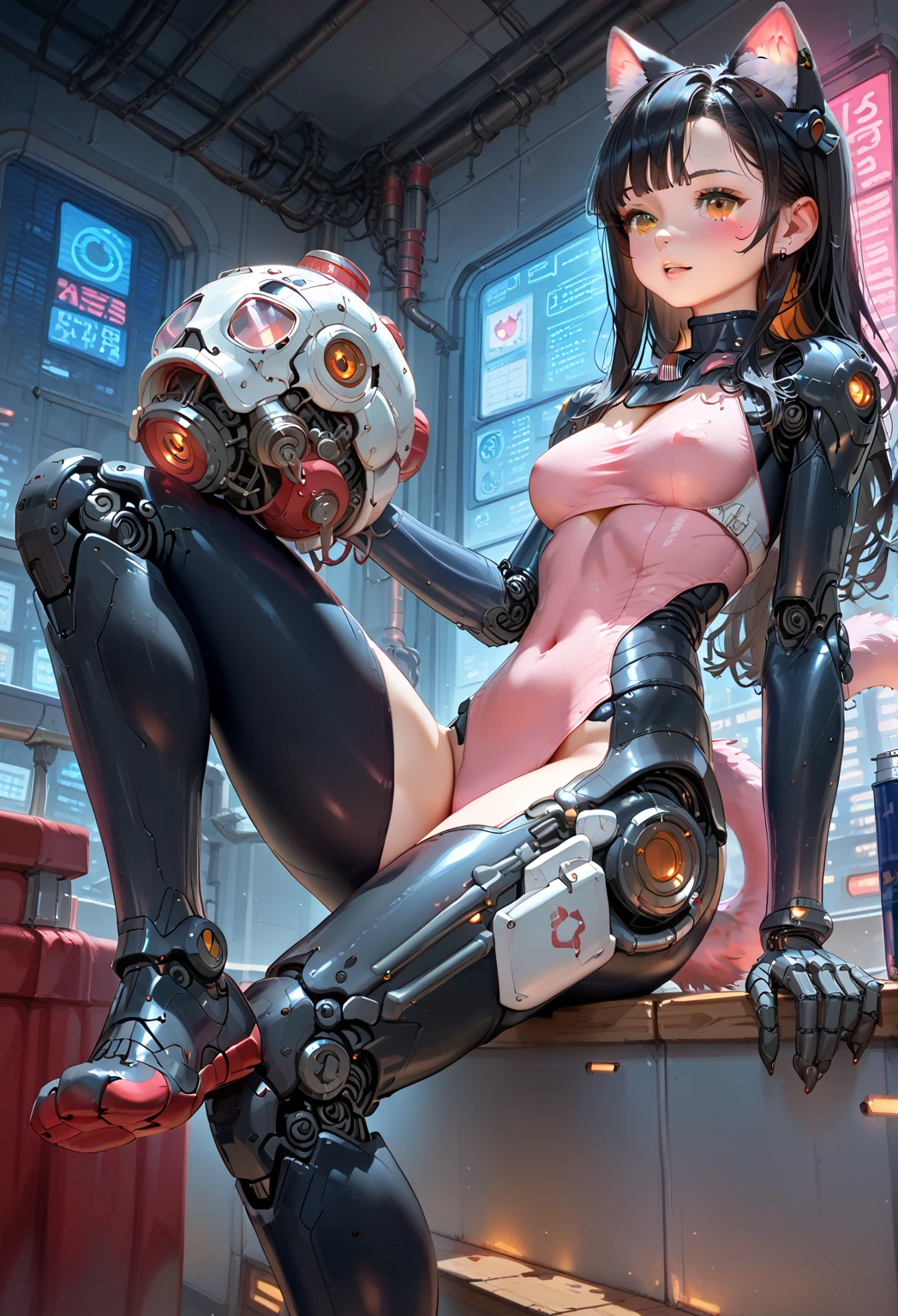 (mechanical and complex body, cables, round face), ecstasy face, drooping eyes, eyes realistic sizing, blush, (((straddling mechanical box corner to hit her crotch, spread legs))),