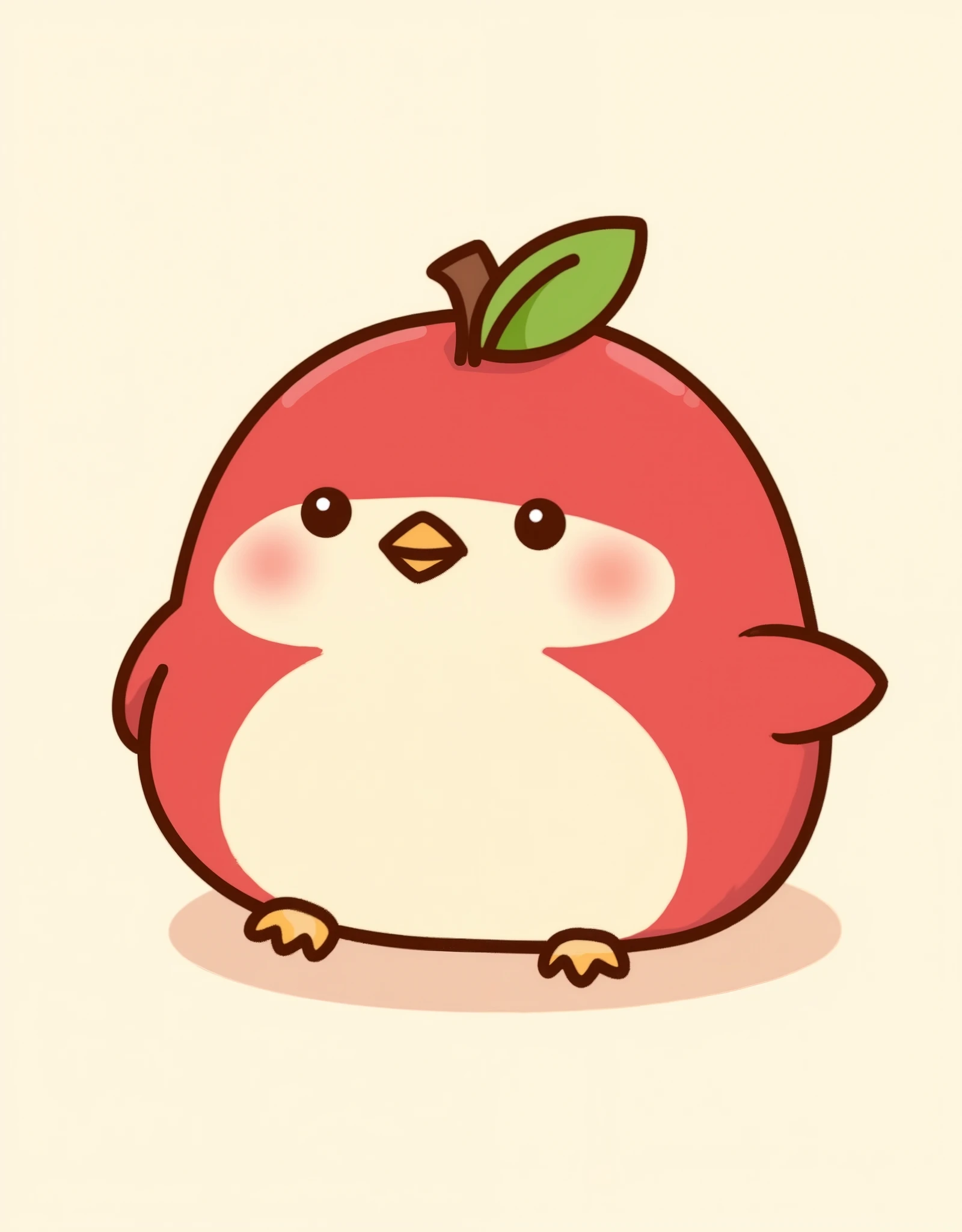 (masterpiece:1.2,Top Quality, Ultra High Resolution ,very detailed, RAW photos ,photorealistic),A super cute, San-X style character: a small round bird combined with an apple, called "Torin-go". The character has a soft, pastel color palette. It has a chubby bird body shaped like a red apple, with a tiny beak, little wings, and a green leaf on its head like an apple stem. The eyes are small and shiny, and the cheeks are pink and blushing. The background is minimal, soft, and warm. The illustration style is soft, fluffy, and kawaii, perfect for a healing character design.