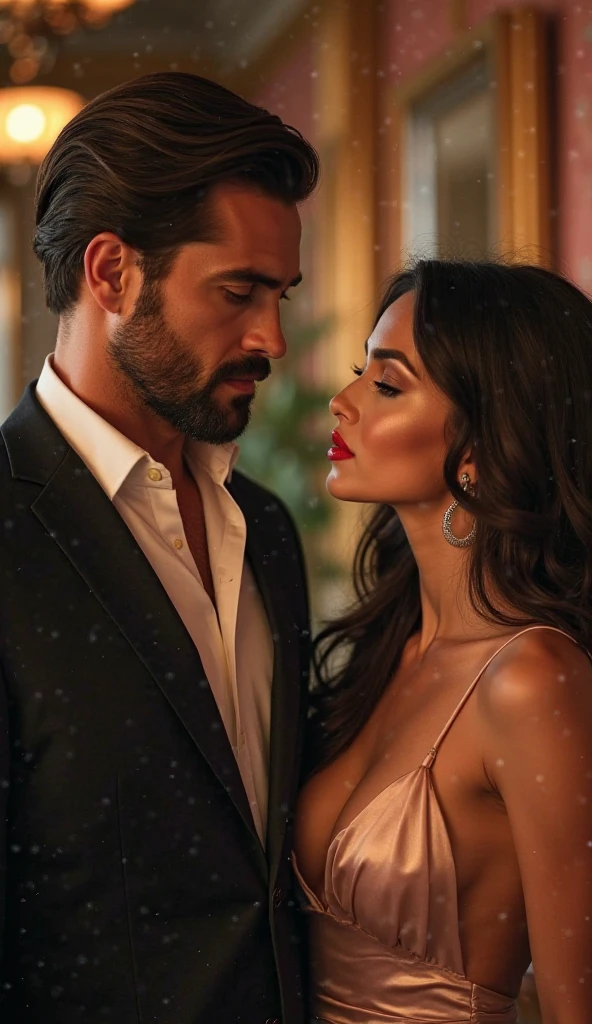 "In a dark, romantic setting, a bearded man and a flirting woman scream with happiness and pleasure. Their faces are illuminated by soft, intimate lighting, revealing an expression of satisfaction and happiness. 4K resolution captures every detail, from the texture of the fabric of the casual dress to the delicate play of shadows and light on the skin.