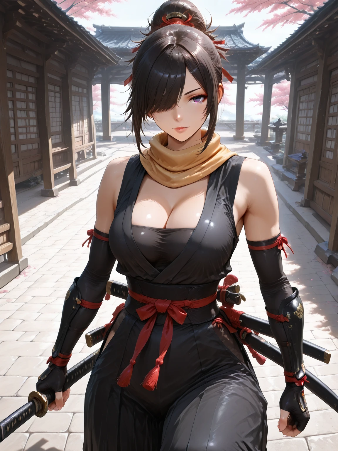 Sexy Uchiha 21 year old women, slicked back hair, beautiful face, black eyeliner, black eye shadow, j cup breast size, 8k, konoha village background