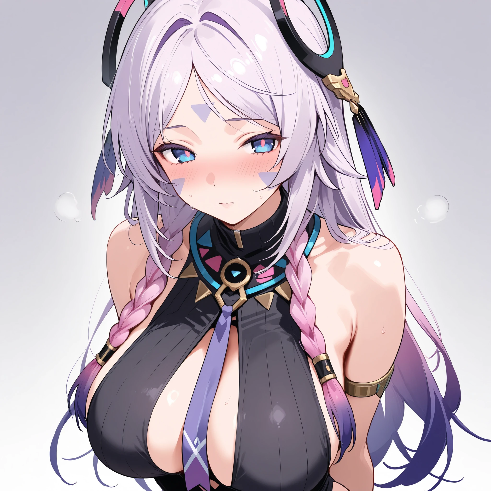 purple hair,gradient hair,parted bangs,twin braids,hair ornament,facial mark,pink pupils, black gloves,purple necktie,partially fingerless gloves,black leotard,armlet,bracelet,jewelry,bare shoulders,sleeveless, arms behind back:1.4), breast, ((cute breast)), ((round breast)) (blush), 8k masterpiece, (1girl, solo) adult, mature, +18,