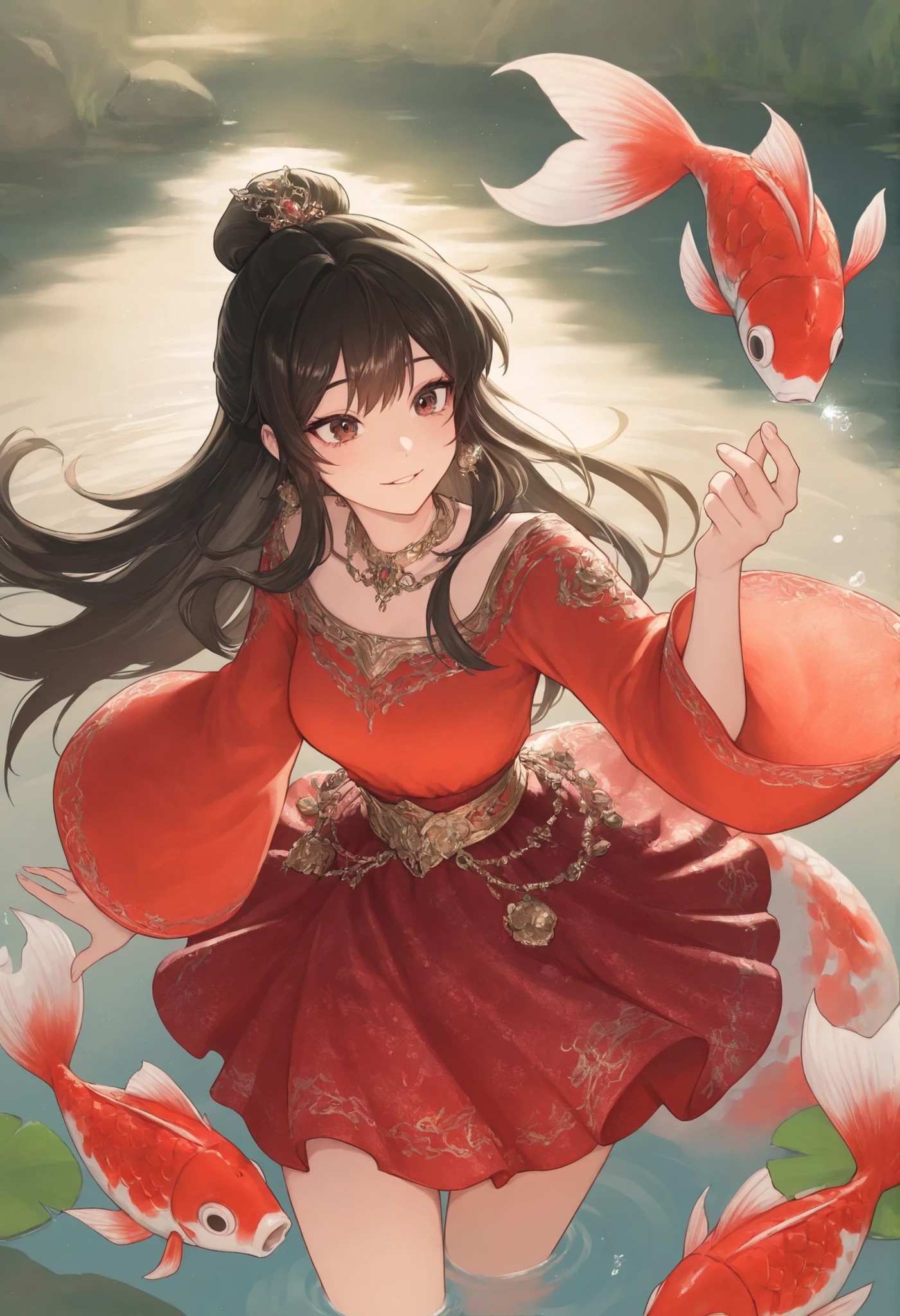 1girl,carp_pond_nanny, scale_skirt_reflecting_drowned_faces, fish_gut_hands_always_slippery
,masterpiece, best quality, newest, highres, absurdres,