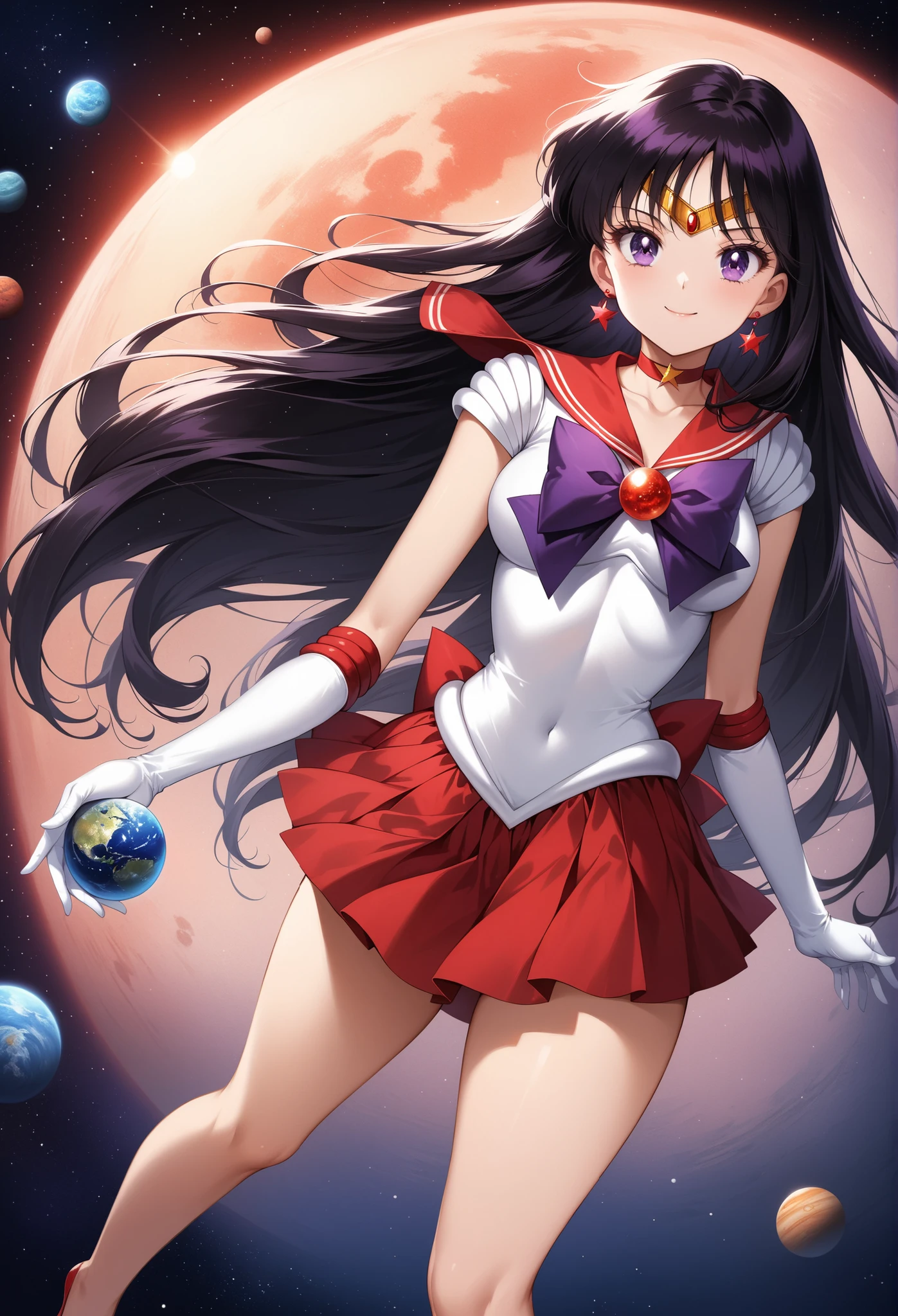 8k, top quality, ultra high res, Sailor Mars、beautiful girl、Sailor Senshi Uniform、Rei Hino、Solo、(trademark pose , sexy: 1.4), Red sailor collar、Blue bow tie、Autumn_Leaves、brilliant cute girl with very long black hai、Flames around her、Magical girl、a red choker、white leotard、robe blanche, Maple_fronds, top quality、fronds、marker_(Medium)、Neck、full body、elbowgloves、makeup、shiny Jewelry、circlet、up looking_at_viewer、white glove、eye lashes、Lips、Smile、Red mini skirt、clavicle、Bare shoulders、Bangs、vivid, realistic、 purple eyes、Black-eyed 、Multicolored_Background、Covered_Navel、caring smile,